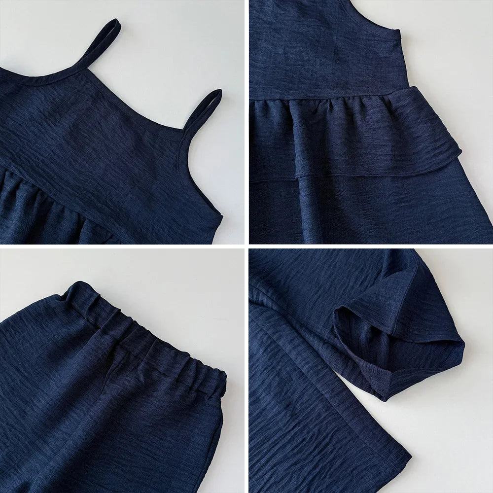 2025 Solid Color Simple Casual Style Pleated Suspender Top+Pants 2-piece Set Summer Girls Clothes 3-7 Year Old Children Outfits