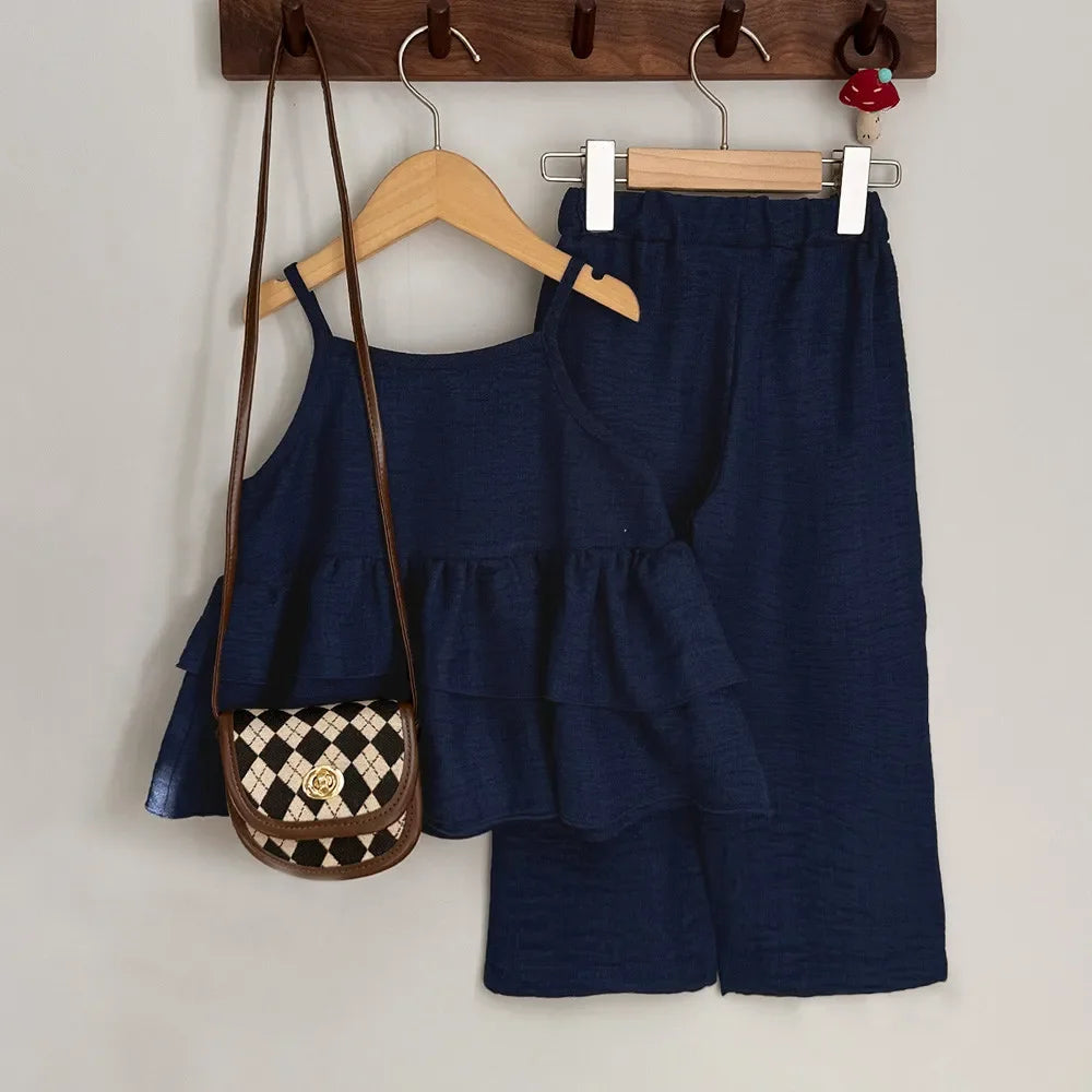 2025 Solid Color Simple Casual Style Pleated Suspender Top+Pants 2-piece Set Summer Girls Clothes 3-7 Year Old Children Outfits