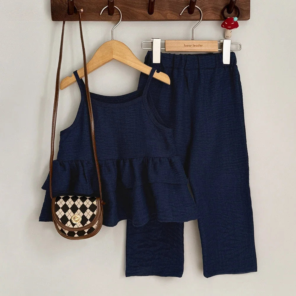 2025 Solid Color Simple Casual Style Pleated Suspender Top+Pants 2-piece Set Summer Girls Clothes 3-7 Year Old Children Outfits