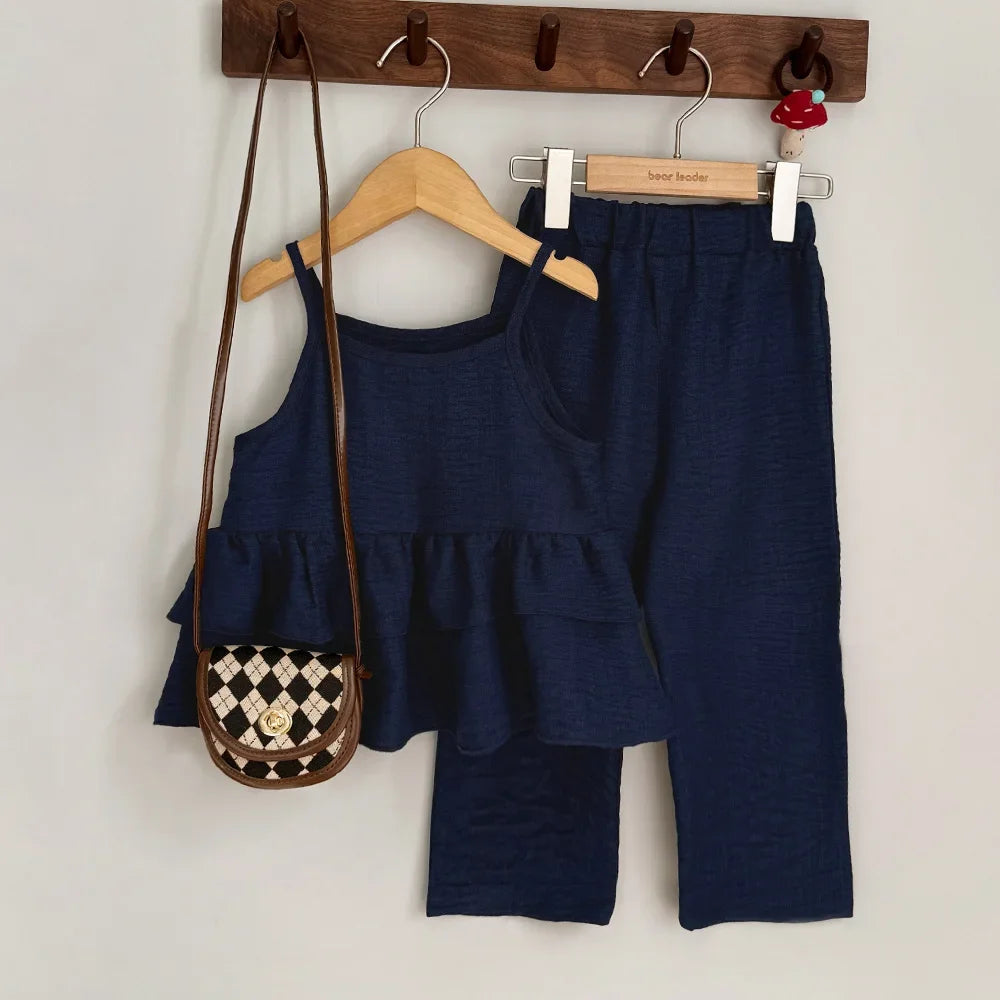 2025 Solid Color Simple Casual Style Pleated Suspender Top+Pants 2-piece Set Summer Girls Clothes 3-7 Year Old Children Outfits