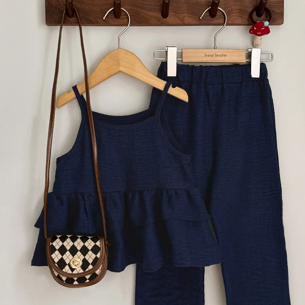 2025 Solid Color Simple Casual Style Pleated Suspender Top+Pants 2-piece Set Summer Girls Clothes 3-7 Year Old Children Outfits