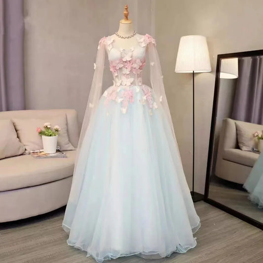 2024 Quinceanera Dresses With Cap Summer New Fairy Dress Butterfly Light Blue V Neck Ball Gown Vestidos De 15 Anos Quinceanera