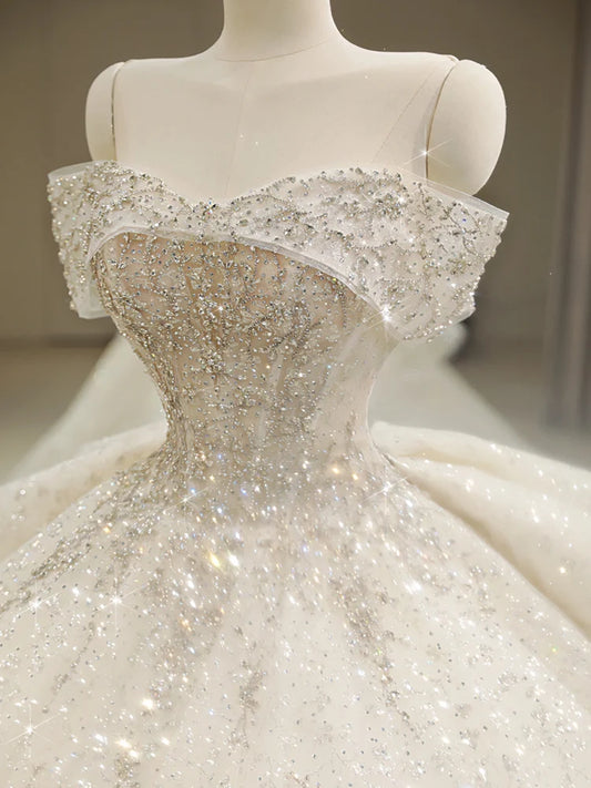 2024 New The Shoulder Wedding Dress Lace Up Luxury Bridal Ball Gown Vestido De Noiva Sweep Large Train Plus Size Made Customized